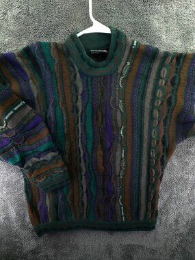 COOGI Pure New Wool Sweater Green Purple Pullover Knit Soft Large Australia Men